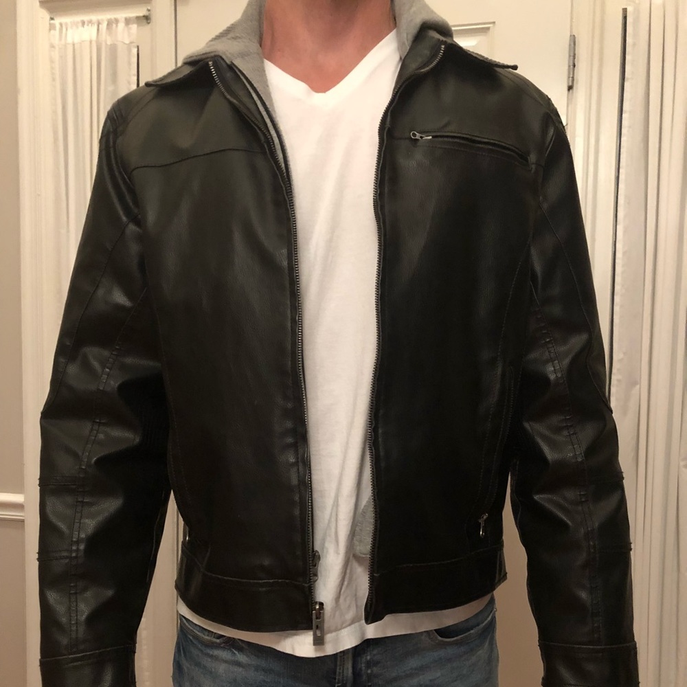 Guess black, faux leather, hooded jacket